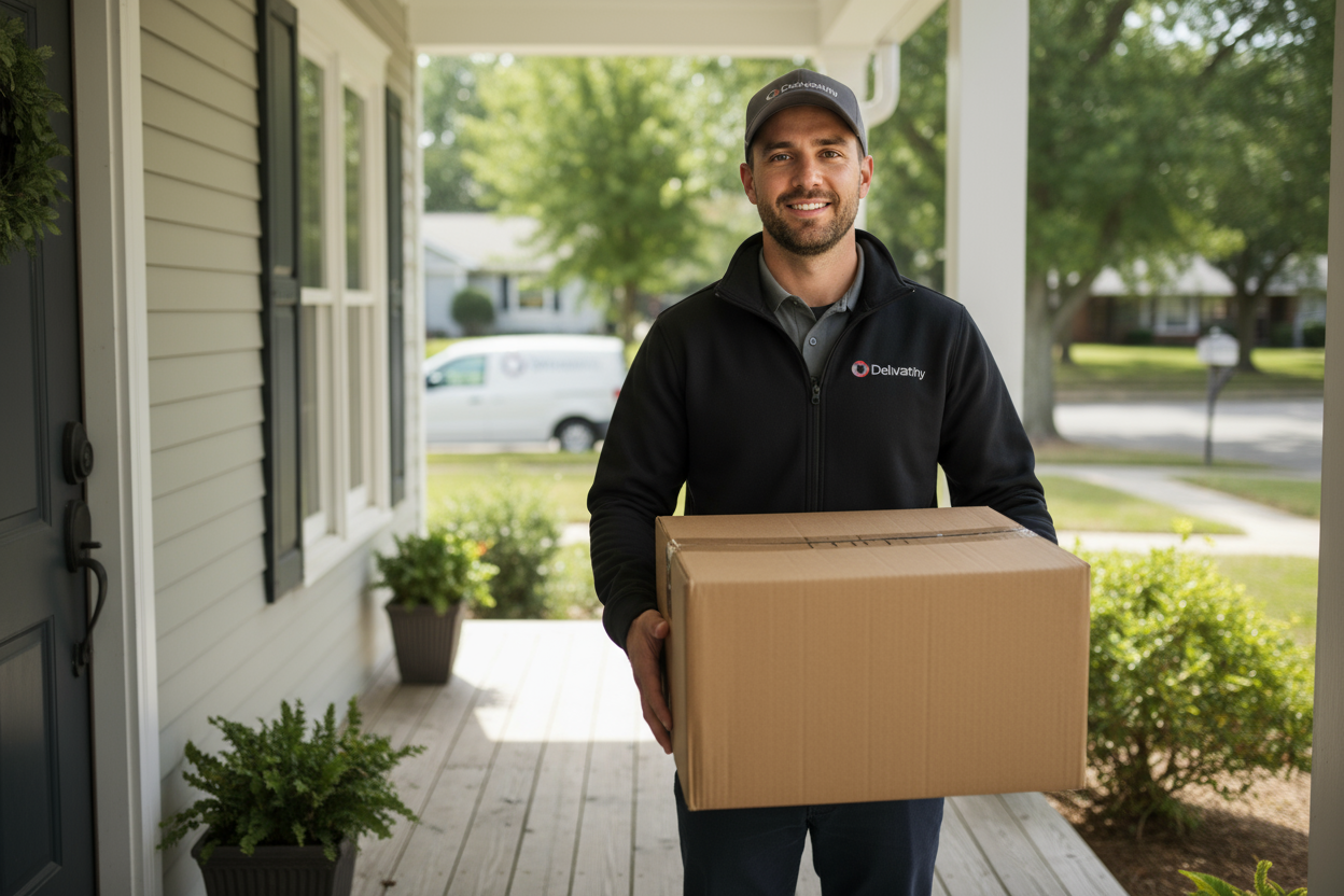 A deliveryman is holding a delivery box.