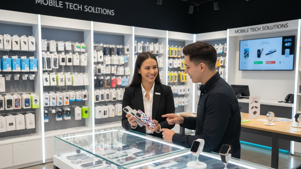 A salesperson at a mobile phone accessories store is serving a customer.